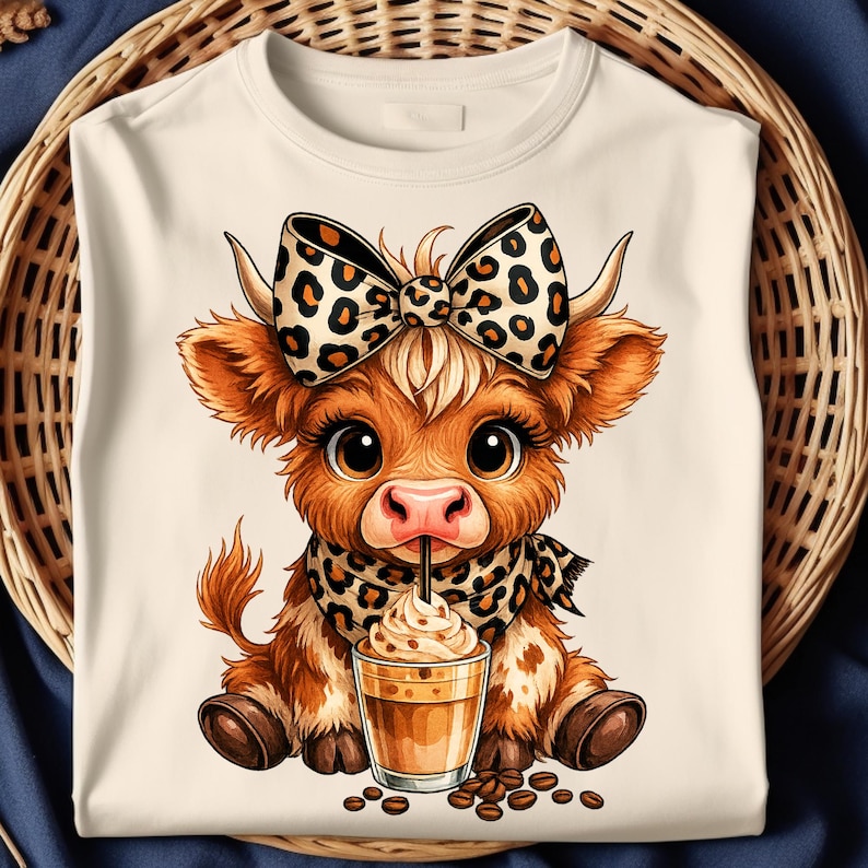 Puede incluir: Camiseta color crema con una vaca de dibujos animados con un lazo con estampado de leopardo, una bufanda y una bebida de caf&eacute;. La vaca es marr&oacute;n con ojos grandes y est&aacute; sentada. Los granos de caf&eacute; est&aacute;n esparcidos alrededor de la bebida.