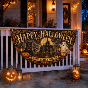 以下が含まれることがあります： HAPPY HALLOWEENとTHE HARPER FAMILYの文字が入った半円形のハロウィンバナー。黒猫、幽霊、お化け屋敷、ランタン、カボチャが描かれており、オレンジ色の秋の葉が散る月夜の背景が特徴です。
