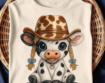 Cute Cowgirl Highland Cow PNG | Cowhide Hat Western Cow Clipart | Country Farm Baby Cow Sublimation | Kawaii Ranch Animal Design