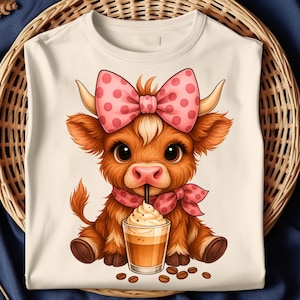Cute Highland Cow PNG with Pink Bow | Coffee Lover Cow Clipart | Fall Coquette Sublimation Design | Digital Download