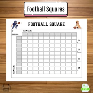 Puede incluir: Una cuadrícula blanca de Football Square con el título "Football Square" y el texto "Football Squares" en la parte superior. La cuadrícula tiene espacios para nombres de equipos y números. Hay ilustraciones de un jugador de fútbol americano y un perro con un balón de fútbol en la página.