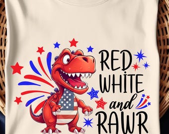 American Flag PNG,Dinosaur PNG, Kids 4th of July PNG, American Flag Dinosaur, Red White and Rawr Shirt design , Patriotic Png for Boys