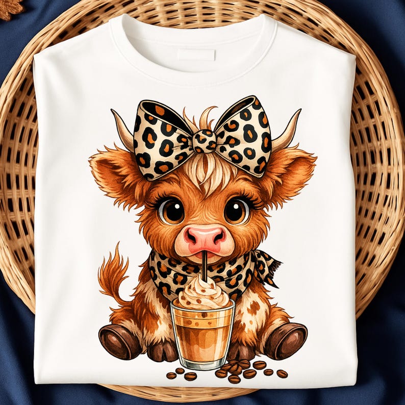 Puede incluir: Sudadera blanca con un dise&ntilde;o de vaca de las Tierras Altas de dibujos animados. La vaca tiene un lazo y una bufanda con estampado de leopardo y est&aacute; bebiendo caf&eacute;. La vaca es marr&oacute;n con ojos grandes. Los granos de caf&eacute; est&aacute;n esparcidos.
