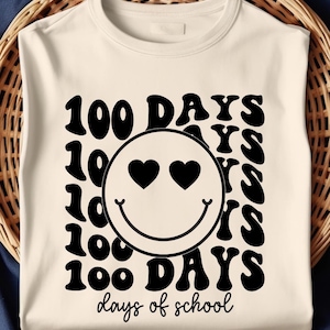 100 giorni di scuola SVG, insegnante svg, Buon 100 giorni, Buon 100 giorni, faccina sorridente retrò PNG, maglietta insegnante 100 giorni, file SVG per Cricut