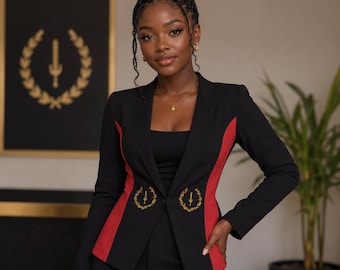 Veste blazer noire pour femme Drapeau du patrimoine américain – Blazer coupe slim ouvert à la mode patriotique