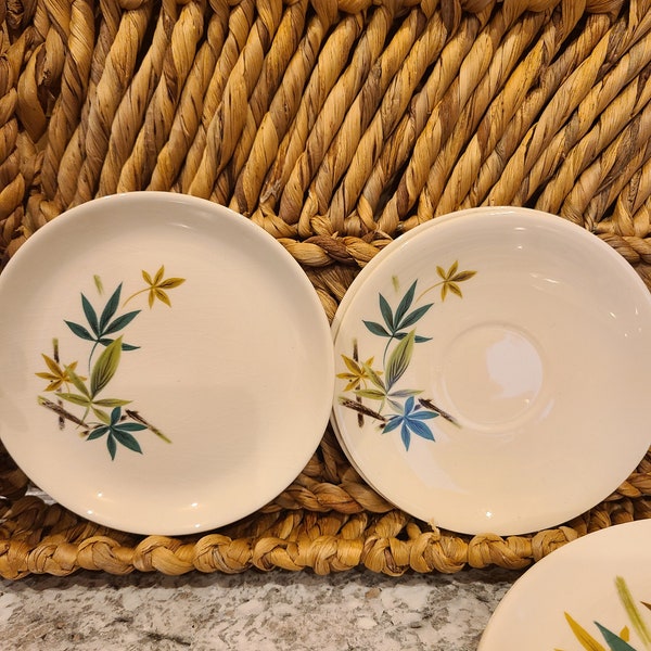 Salem china.  Woodland design.  Bamboo.  Made in USA.  1950's. Dinner plates, saucers and snack plates.