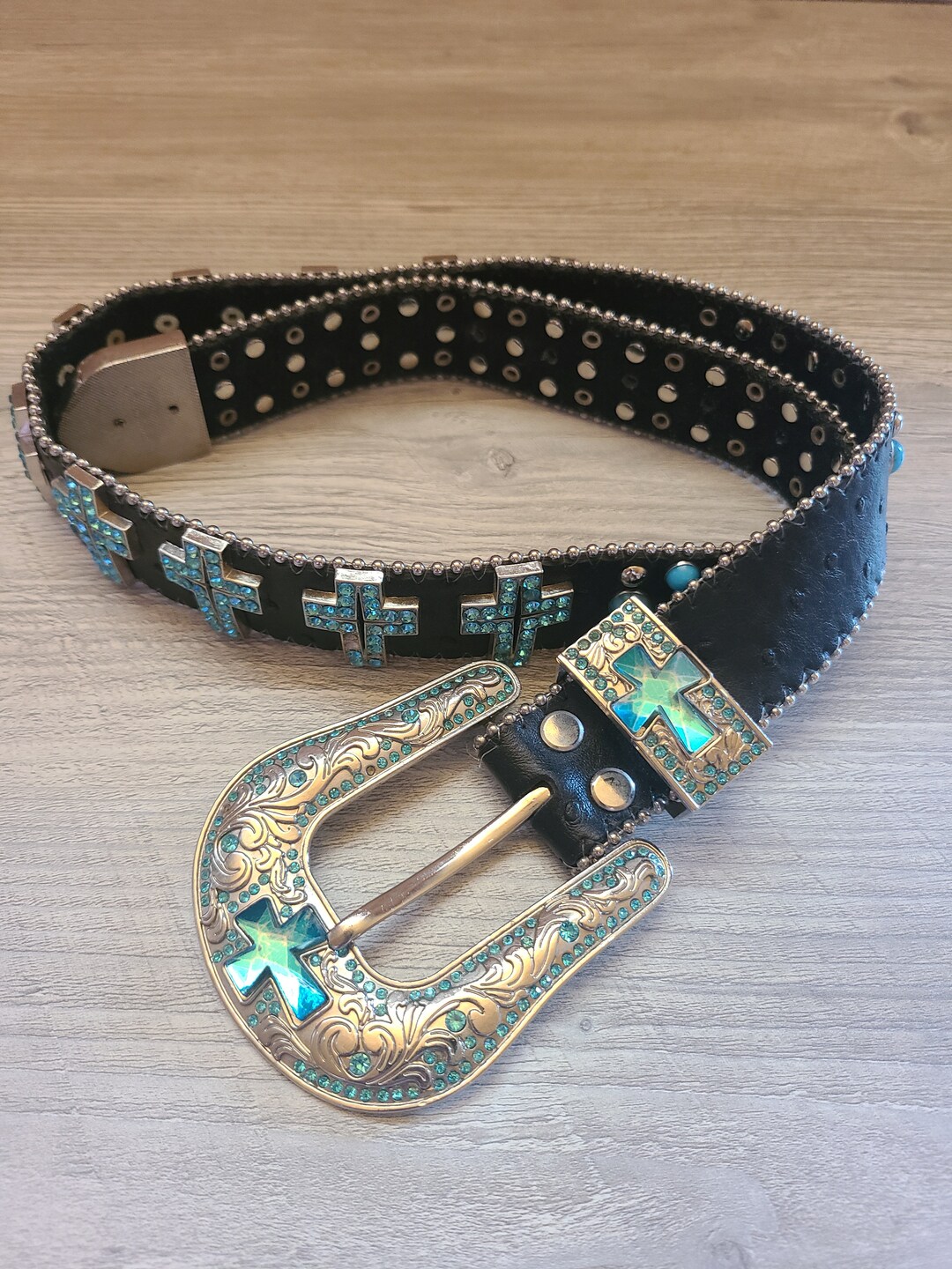 Woman's Western Belt. Silver Beads, Rhinestone Crosses, and Turquoise