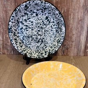 Spatterware pie pans.  Enamelware baking dishes