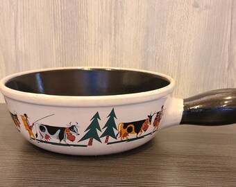 Landert ceramic glazed pottery Swiss Fondue pot. Folk Art design. Vintage.