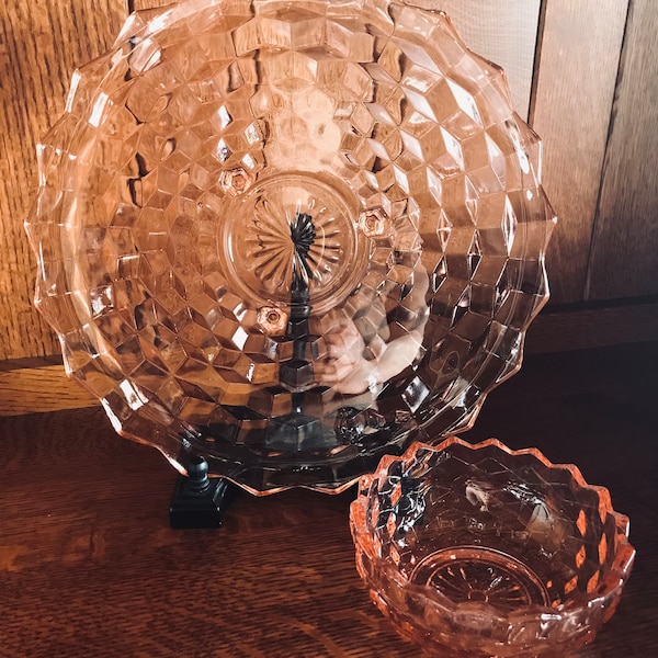 Jeanette Glass Company pink platter with bowl and divided dish.