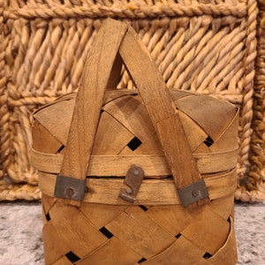 Antique berry basket with lid, handles and metal lock.