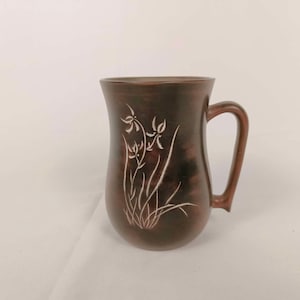Clay Tea Cup Clay/Coffee Mug Handmade by Sea Sand Clay with Engraved Lilies