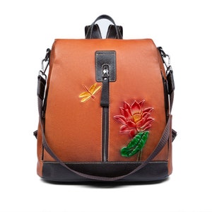 Genuine Leather Backpack for Women with Embossed and Hand-painted Art