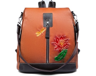 Genuine Leather Backpack for Women with Embossed and Hand-painted Art