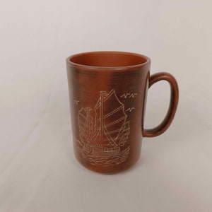 Clay Tea Cup/Clay Coffee Mug Handmade by Sea Sand Clay with Engraved Sailboat
