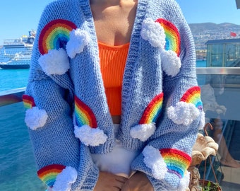 StudioToyDesign Rainbow Jacket | Chunky Rainbow Cloud Cardigan | Knitted 3D Cloud Rainbow Sweater | Cottagecore Aesthetic Spring Oversized Cardigan