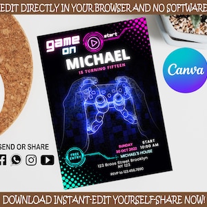 Videospiel-Party Einladung | Gamer Handy Geburtstag Invite | Digitale Partyeinladung | Blaues Leuchten Vorlage | Bearbeitbar in Canva