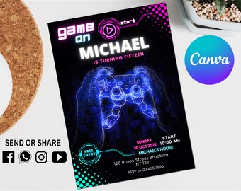 Video Game Party Invitation | Gamer Mobil Birthday Invite | Digital Party Invite | Blue Glow Invite Template | Editable in Canva