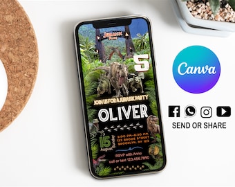World Dinosaur Park Mobile Bday Invitation | Kids Mobile Birthday Evite | Digital Party Invite | Modern Bday Template | Editable in Canva