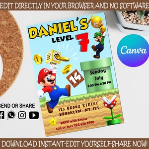 Convite Super Mario Bros - Convite digital infantil - Convite para festa Mario Bros - Editável no Canva - Modelo de aniversário moderno para imprimir