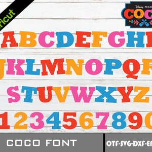 May include: A colorful alphabet and number font inspired by the Disney Pixar movie Coco. The font is in a bold, blocky style with a variety of colors, including red, orange, yellow, green, blue, and pink. The letters and numbers are arranged in rows on a white wooden background. The text "COCO FONT" is displayed below the font, and the text "OTF-SVG-DXF-EPS-PNG" is displayed below that.