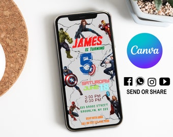 Avengers Mobile Birthday Invitation | Kids Mobil Birthday Evite | Digital Party Invite | Modern Birthday Template | Editable in Canva