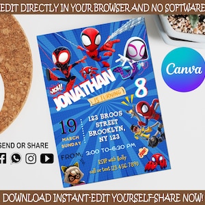 Spidey und seine erstaunlichen Freunde Geburtstag einladen | Kinder Mobile Bday Invite | Digitale Partyeinladung | Moderne Geburtstagsvorlage | Bearbeitbar in Canva