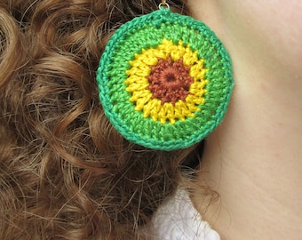 Sunflower crochet earrings cottagecore with gold plated hooks, Yellow and green sunflower crochet earrings, Boho style crochet earrings