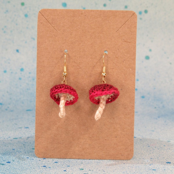 Red crochet mushroom earrings cottagecore style with gold plated hooks, red and cream mushroom earrings, Boho style mushroom earrings