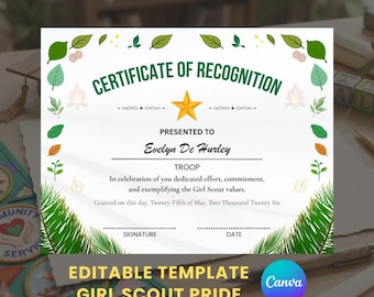 Editable Girl Scout Certificate of Recognition | Canva Template (Digital Download)