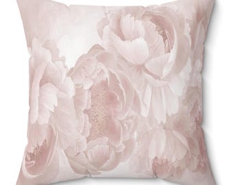 Powder Pink Peony Pillow – Vintage Floral Cushion, Muted Blush Tones