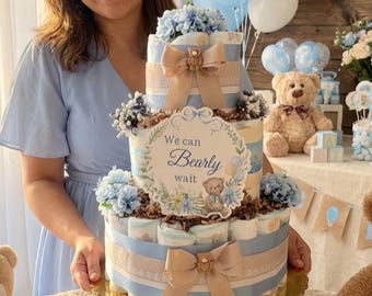 Boy Baby Shower Teddy Bear Diaper Cake 3 Tier Large Gift, Brown Bear Teddy Baby Sprinkle Table Top Decoration Custom Diaper Cake Gift Idea