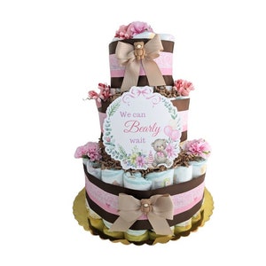 We Can Bearly Wait Baby Girl Teddy Bear Diaper Cake, Girl Teddy Bear Baby Shower Table Top Decoration, Teddy Bear Diaper Cake 3 Tier Gift