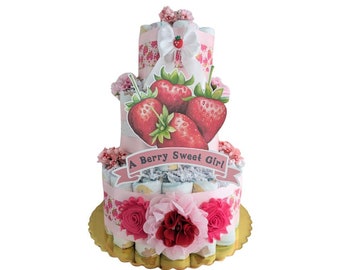 Strawberry Baby Shower Diaper Cake 3 Tier Large Table Top Decoration, Baby Girl Shower Berry Sweet Diaper Cake, Berry Baby Sprinkle Gift