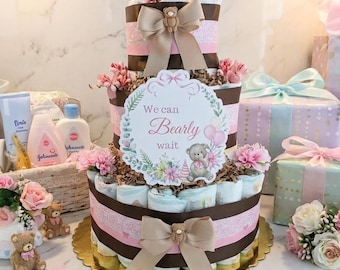 We Can Bearly Wait Baby Girl Teddy Bear Diaper Cake, Girl Teddy Bear Baby Shower Table Top Decoration, Teddy Bear Diaper Cake 3 Tier Gift