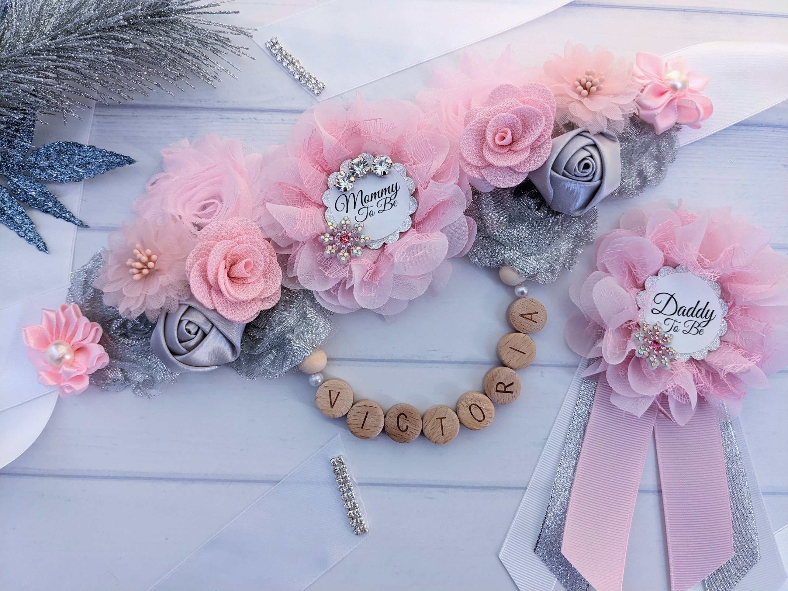 Winter Wonderland Baby Girl Shower Pregnant Mama To Be Belly Bump Sash Belt, Baby Sprinkle Sash with Matching Daddy Pin, Gender Reveal Gift