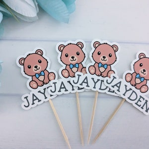 Baby Boy Teddy Bear Cupcake Toppers Set of 12, Boy Baby Shower Brown Bear Dessert Toppers, First Birthday Teddy Cupcake Toppers