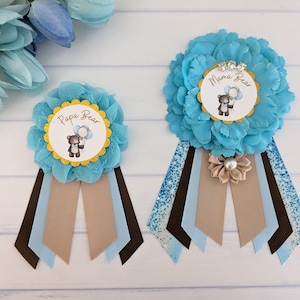 Baby Teddy Bear Boy Shower Mama And Papa Bear Ribbon Pin Set, Blue Bear Baby Boy Sprinkle Button For Mommy and Daddy To Be, Mama Bear Gift