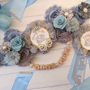 Elephant Pregnant Belly Bump Sash for Mommy To Be, Blue Gray Elephant Maternity Flower Sash, Baby Shower Mom To Be Bump Sash Keepsake Gift