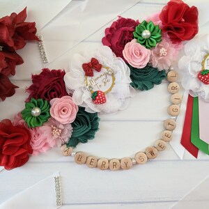 Strawberry Baby Girl Shower Mommy To Be Belly Sash, Pregnant Bump Flower Sash for Mama To Be, Berry Sweet Girl Baby Sprinkle Maternity Sash