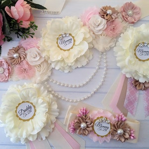 Pink and Brown Maternity Sash Belt for Pregnant Mama To Be, Boho Baby Shower Belly Bump Sash with Mom Pin, Baby Sprinkle Sash Photo Prop