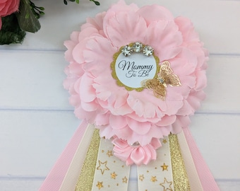 Butterfly Baby Girl Shower Mommy To Be Pin, Baby Shower Mom To Be Corsage, Butterfly Girl Baby Sprinkle Mama To Be Pink and Gold Ribbon