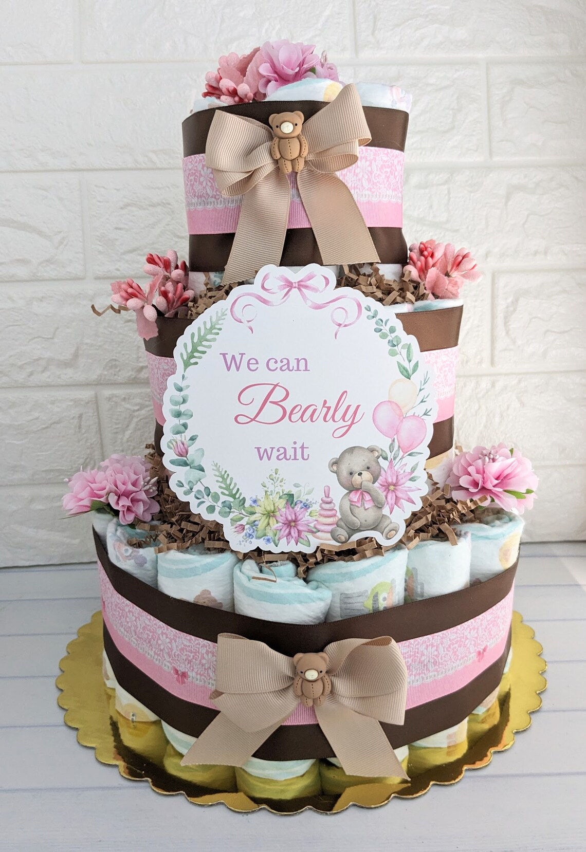 We Can Bearly Wait Baby Girl Teddy Bear Diaper Cake, Girl Teddy Bear ...