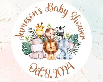 Safari Baby Shower Favor Custom Label, Jungle Theme Baby Boy Shower Thank You Bag Sticker With Custom Date and Name, 2 Inch Round