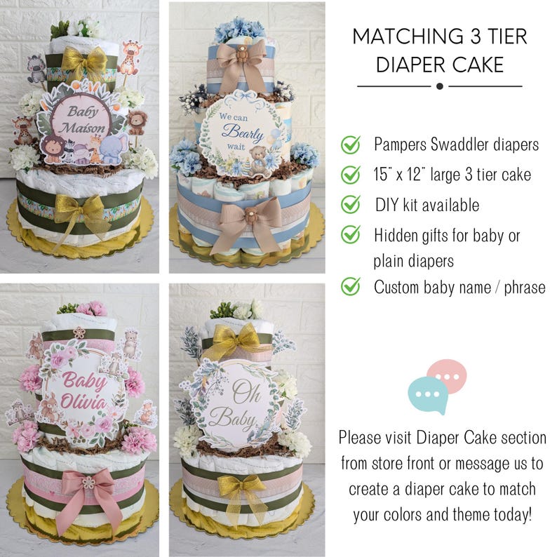 May include: Three-tier diaper cake decorated with baby-themed decorations. The bottom tier is decorated with a green and gold ribbon, the middle tier is decorated with a blue and gold ribbon, and the top tier is decorated with a pink and gold ribbon. The cake is 15 inches by 12 inches and is available as a DIY kit.