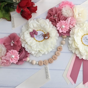 Mauve and Ivory Teddy Bear Baby Shower Sash for Mother To Be, Maternity Sash Dusty Pink, Personalize Pregnant Belly Sash, Baby Bump Sash