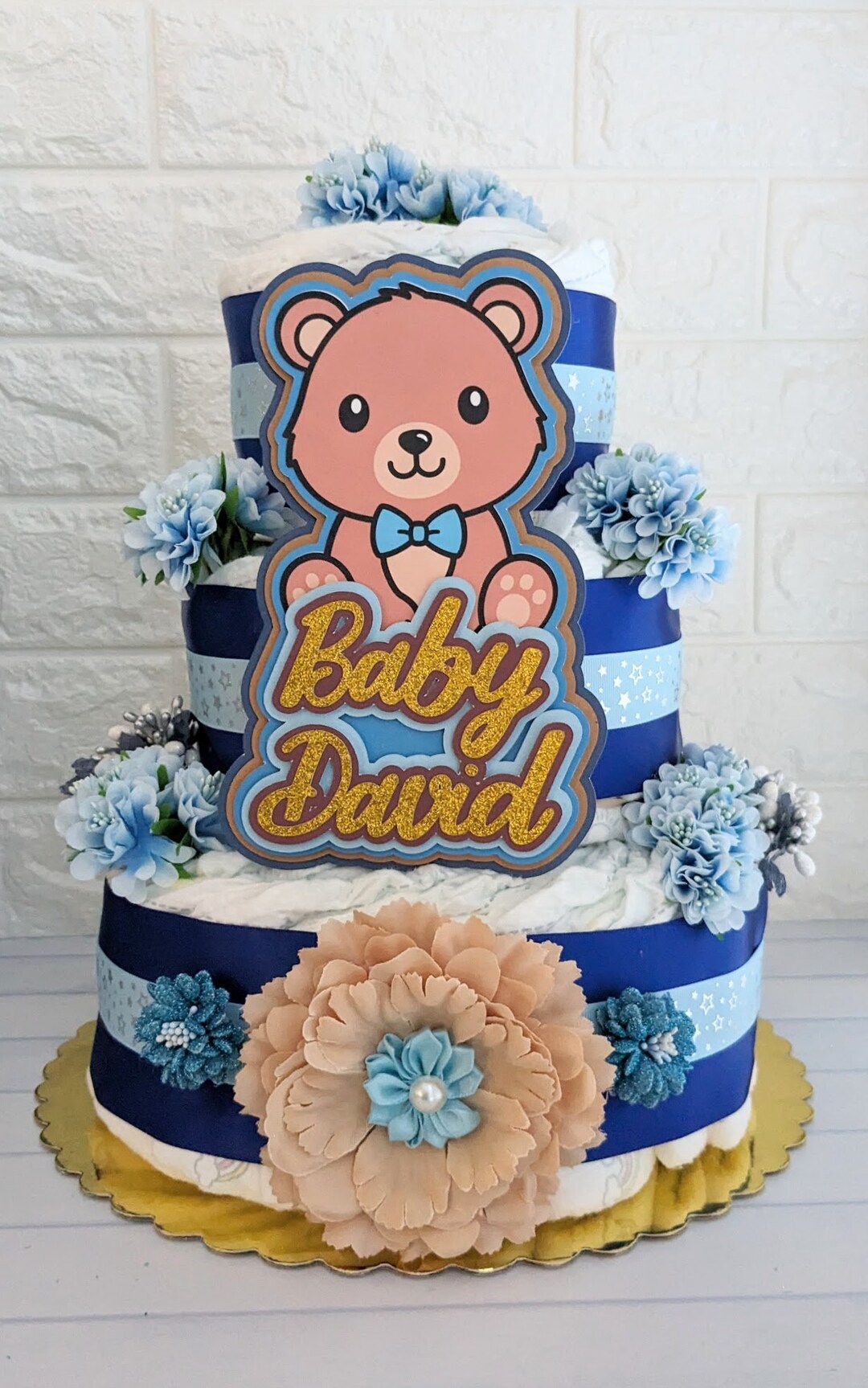 Teddy Bear Baby Boy Shower Diaper Cake Centerpiece, Gift for Pregnant ...