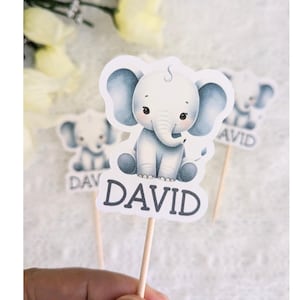 Elephant Baby Shower Personalized Cupcake Topper Baby Boy Sprinkle Safari Animal Cupcake Topper Dessert Table Decoration Jungle Baby Shower