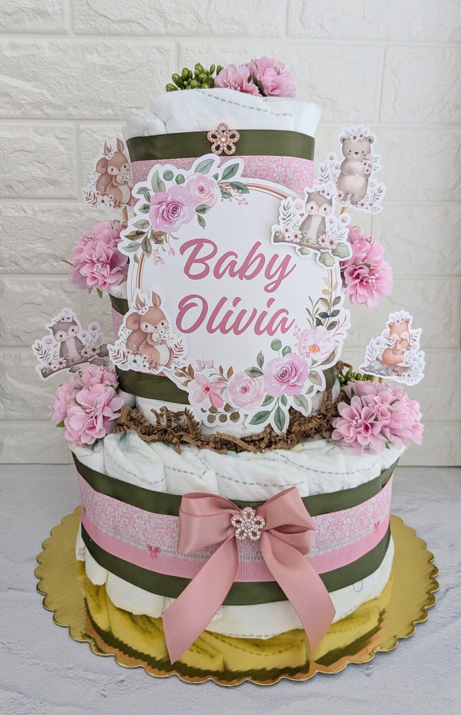 Baby Girl Woodland Baby Shower Diaper Cake Centerpiece, 3 Tier Large ...