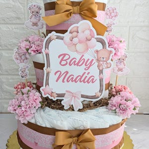 Teddy Bear Girl Baby Shower Diaper Cake Centerpiece, Teddy Baby Sprinkle Pink and Brown 3 Tier Large Diaper Cake Table Top Decoration Gift